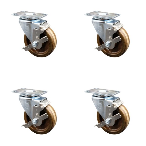4'' High Temp Phenolic Wheel Swivel Top Plate Caster Set with Brake, 4PK
